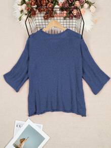Plus Size Women Casual Loose Solid Color 3/4 Sleeve Sweater - Blue - View 5
