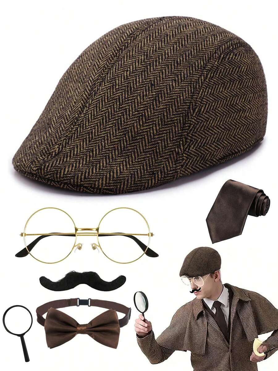 D EXCEE 6 件 1920 年代侦探服装配饰套装，适用于女士和男士软呢帽假胡须道具眼镜蝴蝶结道具领带了不起的盖茨比派对万圣节角色扮演装饰礼物舞会 - 多色 - 查看 1