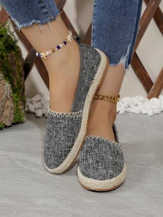 Nuevos mocasines informales con plataforma, tejidos en cuerda de lino transpirable, antiolores y cómodos zapatos planos para mujeres de talla grande (Talla 43)
