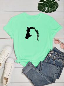 Women's Babylook T-Shirt Horse And Woman Hollow Silhouette Love Animals Horse 100% Cotton Various Colors - 薄荷綠 - 查看 2