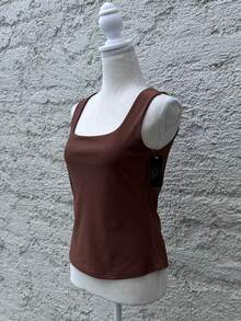 Solid Scoop Neck Tank Top - Brown - View 2