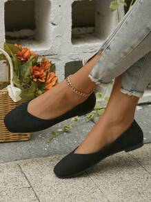 Export Size 35-43 Fashionable Square Toe Women Flat Shoes, Lightweight & Comfortable Black Suede Casual Outdoor Flat Shoes For Women, Spring/Summer - Black - View 1