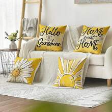 4pcs Crumple Daisy & Letter Print Pillow Case Set, Home Decor Sofa Cushion Cover, 1 Set Of 4