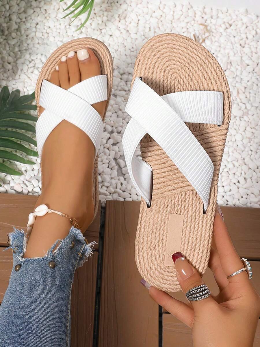 女士时尚绳底交叉带平底凉鞋，户外沙滩舒适轻便拖鞋 - 白色 - 查看 1