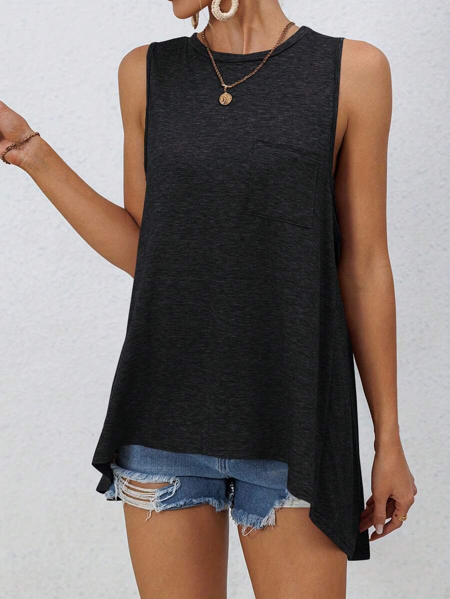 Camiseta feminina sexy com bolso patchwork sem mangas e costas nuas