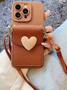 Valentines New Cute Crossbody Lanyard Necklace Strap Card Holder Silicone Phone Case Compatible With Iphone 16 15 14 11 12 13 Pro Max X XR 14 15 16 Plus 3D Heart Shockproof Bumper Cover Waterproof Anti-Fall Scratch Resistant - Brown - View 2