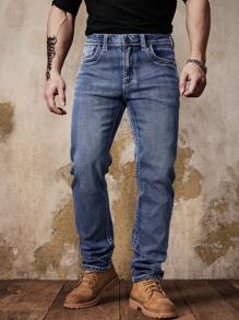 Customized Elastic Embroidered Denim Jeans - Medium Wash - View 5