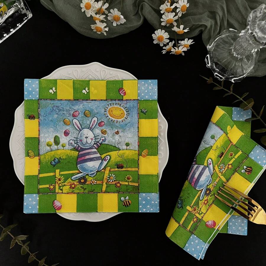 20 张卡通兔子纸巾一次性，兔子图案，复活节派对装饰，展开 13*13 英寸一次性印花纸巾，适用于复活节派对，适用于派对装饰、餐厅和甜品店用品