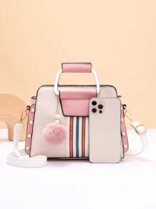 Women's Fashion Contrast Color Handbag, Simplistic Design & Versatile, Comes With Decoration Pendant - Multicolor - View 5