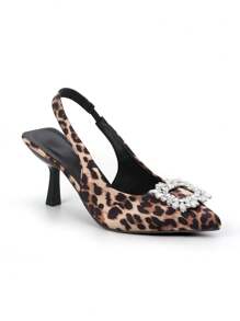 Women's Rhinestone Decor Pointed Toe High Heel Slip-On Pumps With Elegant Leopard Pattern, Suitable For Parties And Weddings, Spring/Summer