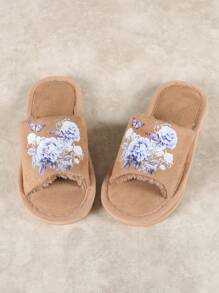 Zapatillas abiertas de dedo para mujer para primavera, verano, otoño e invierno, con espuma de memoria, de felpa suave jaspeada, deslizantes para interiores y dormitorio con estampado de dibujos animados lindos