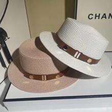 1 pieza Sombrero de paja plano de estilo británico retro con protección solar color caqui