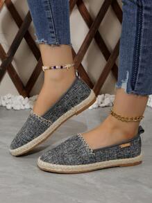 New Linen Breathable Rope Woven Slip-On Platform Casual Loafers, Odor-Resistant Comfortable Flat Shoes For Plus Size Women (Size 43)