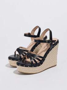 Women's Thick Sole Wedge High Heel Casual Fashionable Comfortable Rhinestone Trim Slide Sandals