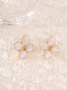 1 Pair Colorful Enameled Four-Petal Daisy Stud Earrings, Minimalist And Versatile For Daily Wear, Sweet & Suitable For Holiday Gift