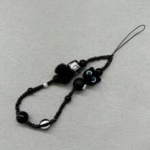 Monster Cat Black Short Lanyard Beaded Camera Wrist Strap Pendant Necklace Mobile Phone Chain Accessories Gifts For Mother, Family, Friends, Birthday, Holiday Phone Charm