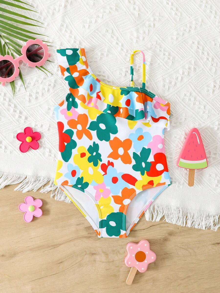 1pc Floral Print Tie Shoulder Swimsuit, Lightweight & Breathable, Spring/Summer - Multicolor - View 1