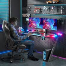 HLONONE LED Gaming Desk, Gaming Table With LED, Stable PC Table With Carbon Fiber Coating, Gamer Table With Cup Holder And Headphone Hook, Black - Black - View 2