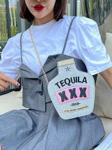 Ví hình chai laser Y2k, Túi mới lạ đính sequin, Túi đeo chéo xích Tequila sáng bóng dễ thương - Hoàn hảo cho lễ hội hóa trang Mardi Gras - Bạc - Xem 3