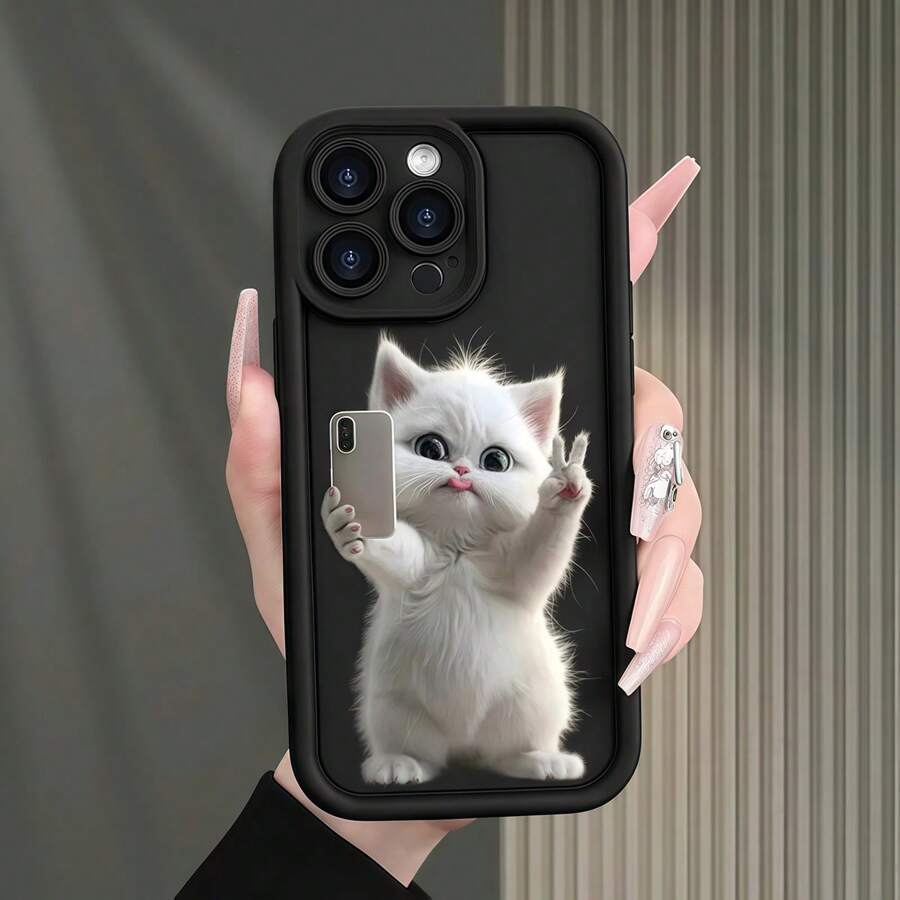 1pc Black Matte Gradient Patterned Cat Graphic Phone Case, Personalized Compatible With Iphone 16 Pro Max, 15, 14 Plus, 13, 12, 11, Suitable For Series