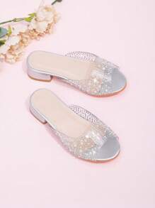 1 Pair New Summer Fashion Crystal Heel Little Girl High Heel Sandals, Girls Party Outdoor Performance Shoes, Party Princess High Heel Slippers Suitable For Wedding, Party - Silver - View 1