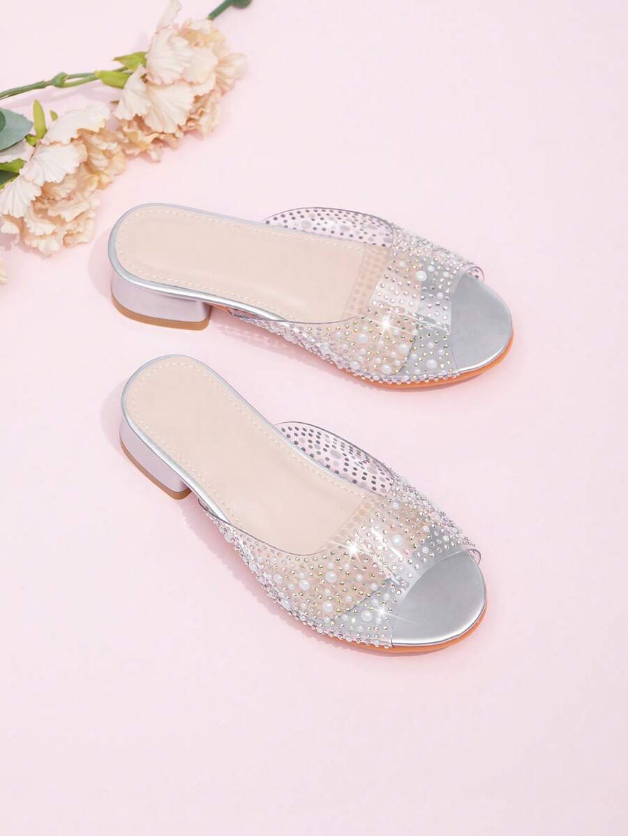1 Pair New Summer Fashion Crystal Heel Little Girl High Heel Sandals, Girls Party Outdoor Performance Shoes, Party Princess High Heel Slippers Suitable For Wedding, Party - Silver - View 1