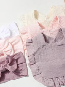 3pcs Solid Color Nylon Oversized Bow Baby Crease-Free Hairbands + 3pcs Cute Baby Bibs Set, Suitable For Daily Wear - Multicolor - View 4