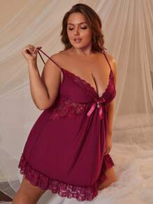 大码内衣 V 领蕾丝睡裙睡衣，柔软舒适，细肩带和蝴蝶结装饰 - 酒紅色 - 查看 5