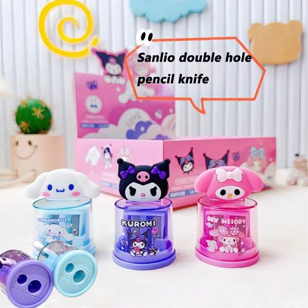 Sanrio Taille-crayon double trou créatif Sanrio, figurine en silicone mignonne de Kuromi, My Melody, Cinnamoroll, taille-crayon à 2 trous, papeterie pour fournitures scolaires, cadeaux pour les étudiants