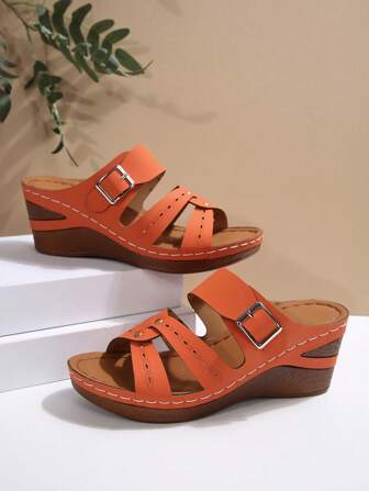 Women's Fashionable Hollow Cross-Strap Design Open Toe Wedge Sandals, Comfortable Solid Color Elegant Simple Style Suitable For Casual/Evening Party, Spring/Summer