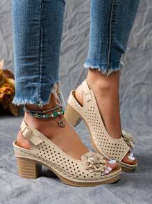 Women's Vintage High Heel Sandals With Flower Decor, Hollow-Out Breathable Upper, Adjustable Metal Buckle, Street Style, Khaki Color, Platform Peep-Toe Open Toe High Heels, Summer - Khaki - View 4