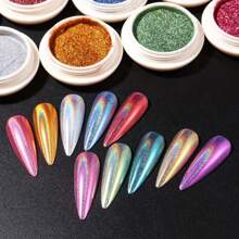 10 Types Of Holographic Nail Powder, Fine Rainbow Holographic Mermaid Gloss Metallic Mirror Pigment Glitter Powder, Suitable For Salon And Home Nail Art DIY Decoration, Round, Ideal For Nail Art, 1g/Jar - 彩色 - 查看 6