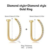 2 Pieces/1-Piece Fashion Nose Rings, Gold And Silver Stainless Steel Nose Rings, Non-Piercing Design Fake Nose Rings, Punk Style, Hip Hop Style, D-Shaped Nose Rings, Crystal Nose Rings, Zirconia-Inlaid Fake Nose Rings