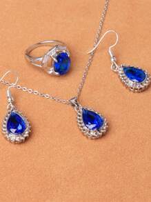 4pcs Teardrop Necklace, Earrings, Ring Jewelry Set, Navy Blue, Women's Fashion Spring Jewelry Set - Royal Blue - View 12