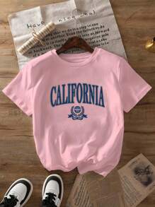 Letter Printed T-Shirt, Short-Sleeved Round Neck Summer And Spring Casual Top, Women's Clothing - Pink - View 1