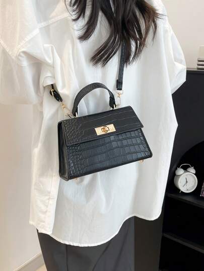 1 件迷你纯色 PU 鳄鱼皮翻盖手提包，时尚简约女士单肩包/斜挎包，适合工作、约会、购物