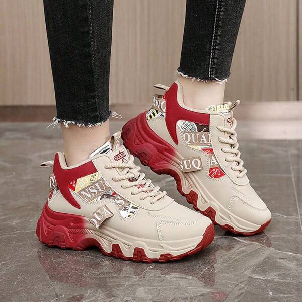 New 2025 Color Blocking Platform Chunky Sneakers For Women, Breathable Casual Height-Increasing Shoes