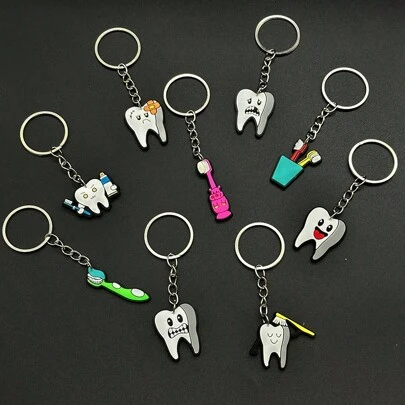 9 piezas Lindo llavero de serie de dentista de dibujos animados, decoraciones de colgante de bolso de moda, regalos pequeños creativos