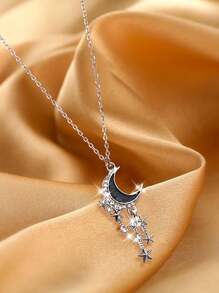 Retro Gothic Style Rhinestone Star Stainless Steel Chain Necklace, Unisex - Silver - View 6