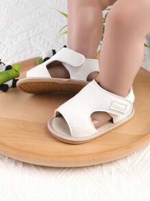 1 Pair Boys' Solid Color Hook And Loop Design Flat Sandals, Anti-Slip Toddler Walking Shoes, Suitable For Summer, Spring And Autumn - White - View 3