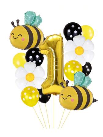13pcs/Set 32 Inch Gold/Black 0-9 Number Balloons, Giant Bee Shaped Foil Balloon, Daisy/White Flower Balloons (Approx. 42cm Diameter), 12 Inch Yellow/Black Polka Dot Balloons, Creating A Dreamy Bee-Themed Party For Birthday Celebration, Spring Outdoor Party, Business Events, Etc.