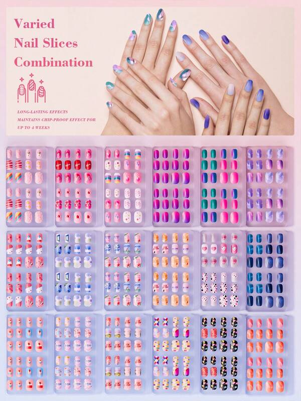 144pcs Cute Design Small Size Press On Nails Acrylic Fake Nails Stick On Full Cover Short Oval False Nail Art Kits Sets,Press On Nails Nail Art Decorations Gifts&1sheet Tape(Random Style)OPP Bag Packaging Does Not Include Transparent Display Boxes