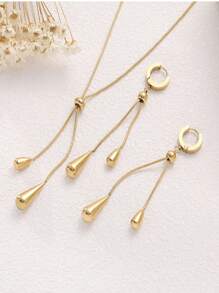 Set de 2 piezas: Pendientes ajustables de gota de agua y collar con cadena de hueso de serpiente de acero de titanio