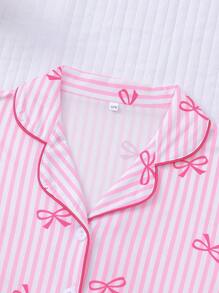 2-delige set jonge meisjes korte mouw top & shorts pyjama voor de zomer, lichtgewicht stijl met streep & strik print patroon, casual nachtkleding huiskleding