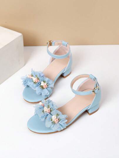 1 双女童花卉装饰高跟凉鞋，时尚度假高跟凉鞋，适合舞蹈表演和日常活动