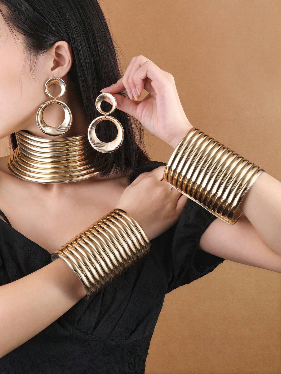 3pcs African Bohemian European American Leather Choker Bracelet Set, Exaggerated Necklace Bangle Earrings