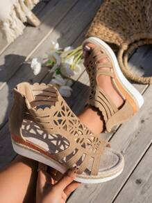 Sandal đế xuồng kiểu La Mã dệt bằng rơm, họa tiết hình học, màu mơ, thích hợp cho kỳ nghỉ hè. - Màu be - Xem 5