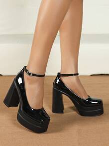 女士方头粗跟凉鞋，性感优雅时尚高跟鞋，适合派对、宴会、约会，舒适、百搭 - 黑色 - 查看 4