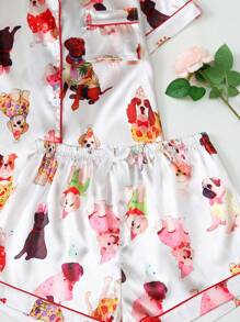 狗印花女士府绸短袖短裤睡衣套装