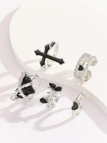 5er Set Vintage Schwarz Herz & Kreuz Strass Eingelegt Verstellbare Solitärring Set, Geeignet als Urlaubsgeschenk